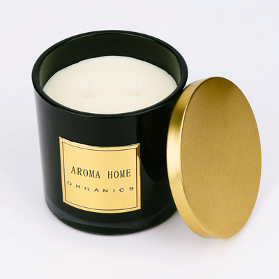 Marque de distributeur à la maison noire 14OZ 400g de bougie de soja de parfum de cire de bouteille en verre de couvercle d'or en métal