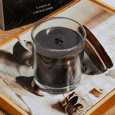 Bougie transparente faite sur commande de parfum de vanille de cire de soja de noir de pot avec les couvercles en bois