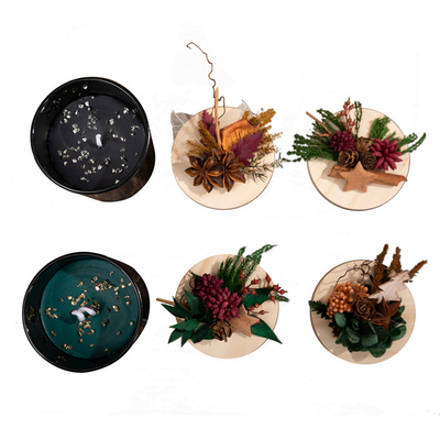 Bougie parfumée de Noël avec couvercle en bois de cire de fleur préservée noir vert