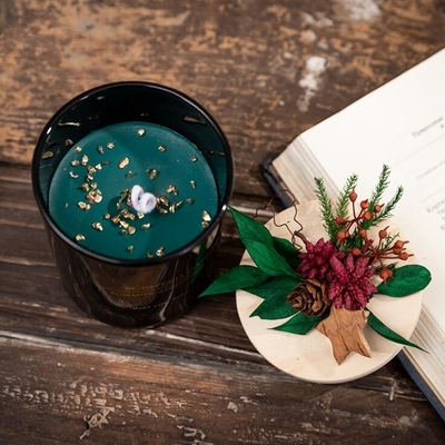 Boîte-cadeau parfumé de mariage de bougie de cire de fleur de Noël en bois vert noir de couvercle
