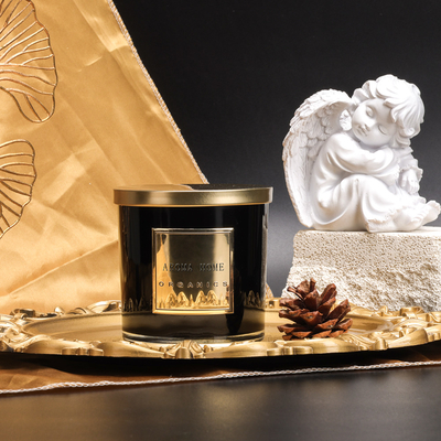Marque de distributeur à la maison noire 14OZ 400g de bougie de soja de parfum de cire de bouteille en verre de couvercle d'or en métal