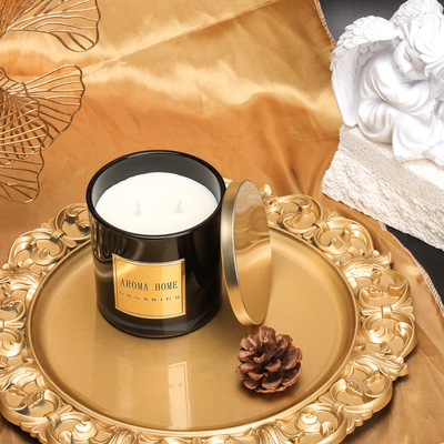 Marque de distributeur à la maison noire 14OZ 400g de bougie de soja de parfum de cire de bouteille en verre de couvercle d'or en métal
