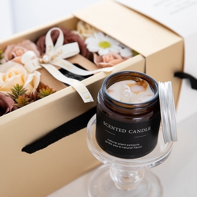 Ensemble parfumé personnalisé de luxe de cadeau de bougie de pot de Brown de fleur d'usine de cire en verre de soja