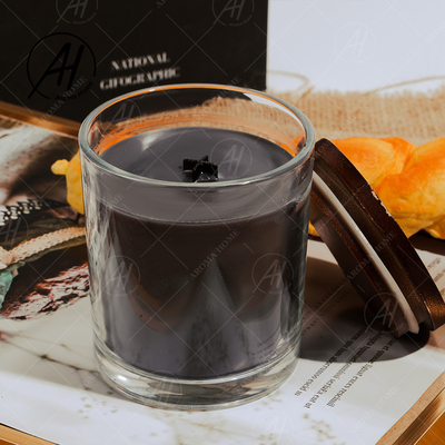 Bougie transparente faite sur commande de parfum de vanille de cire de soja de noir de pot avec les couvercles en bois
