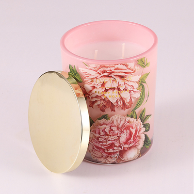 Impression rose de fleur de la bougie flairée par pot en verre 415g avec le couvercle en métal
