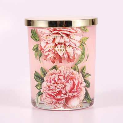Impression rose de fleur de la bougie flairée par pot en verre 415g avec le couvercle en métal